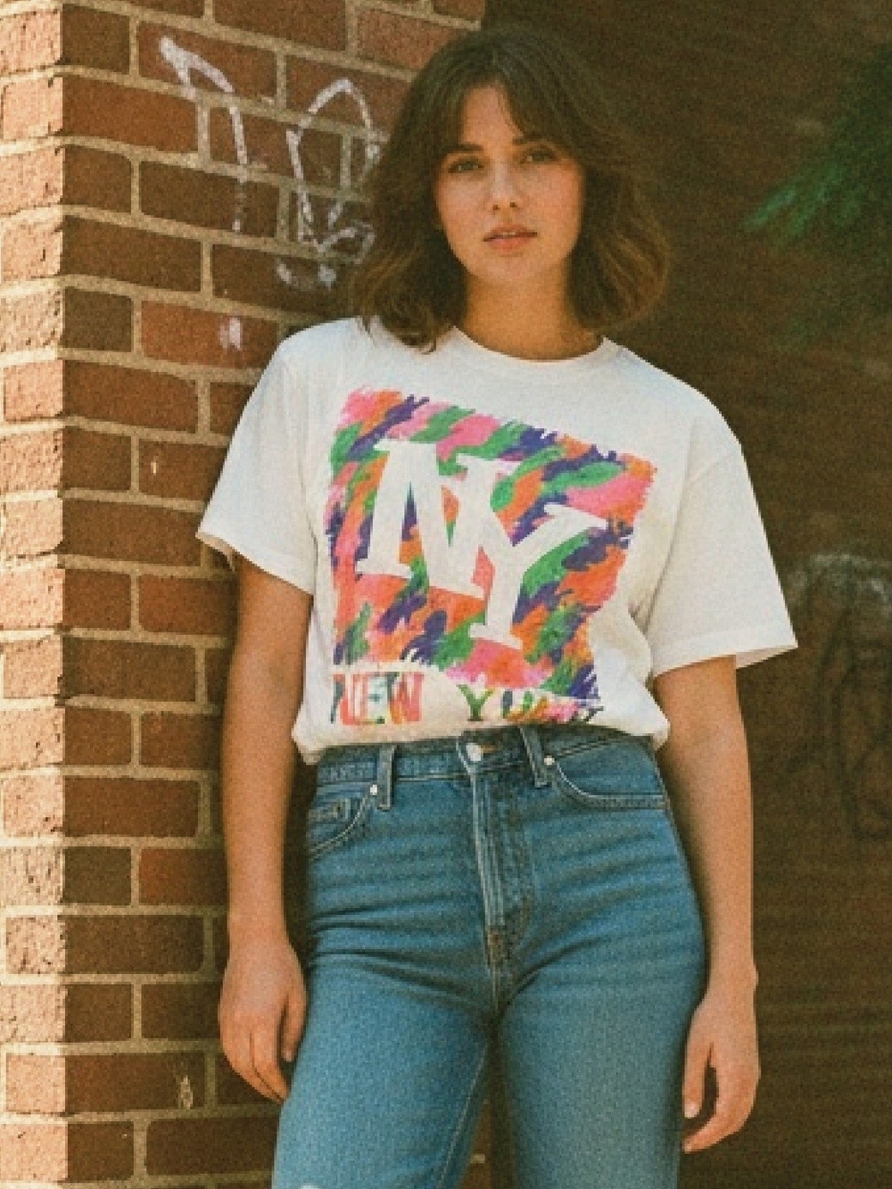 Vintage Unisex 1980s T-shirt With A Colorful Graphic & white "NY" letters Medium